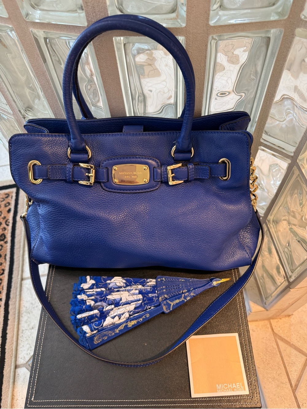 Michael Kors Cobalt Blue Large Hamilton Satchel, Crossbody Strap Gold Hardware.